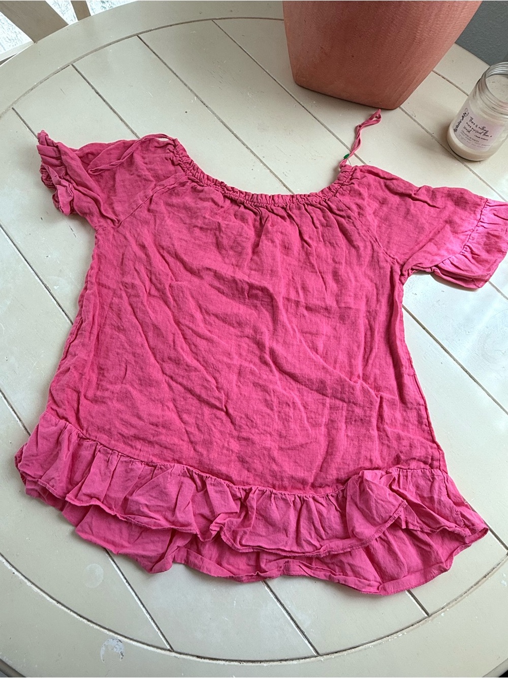 Off-Shoulder Ruffle-Hem Blouse in Bright Pink
